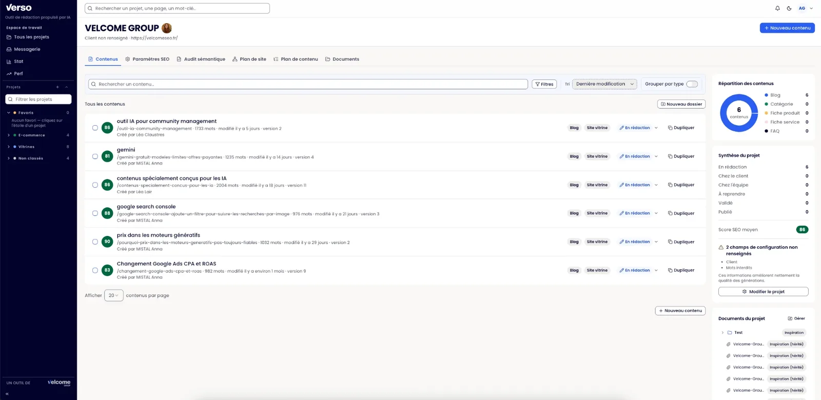 Interface de l’outil de rédaction Verso